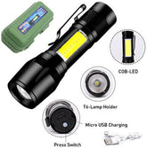 LED Flashlight – Waterproof Torch with USB Fast Charging & Side Lamp